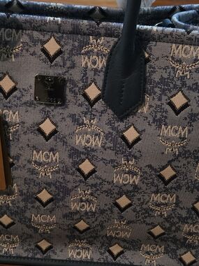 MCM Navy and Beige Logo Tote Bag
